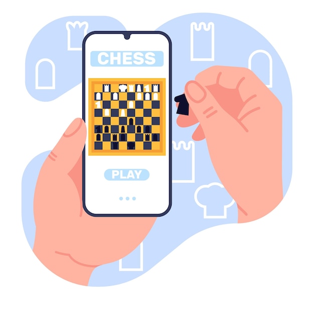 Online chess game or tournament on your smartphone Players hands holding phone Web competition Chessboard with rook and pawn pieces Competitive strategy challenge Vector concept