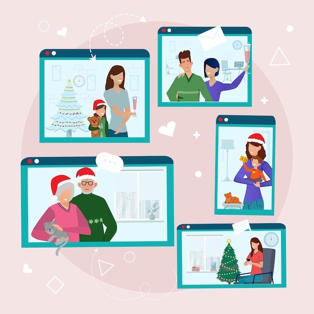 ベクトル オンラインクリスマスのお祝いの人々の電話画面。人とコンピューターとスマートフォンの画面のベクトルイラスト。クリスマス休暇オンラインデート冬のお祝い。インターネット技術への招待