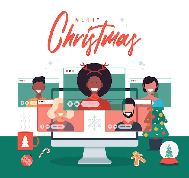 Festa di natale online. le persone sono state messe in quarantena con una videochiamata per celebrare il natale e il capodanno a casa e decorare con albero di natale, tazza, illustrazione vettoriale piatta