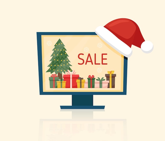 Concetto di shopping natalizio online - computer con scatole regalo per l'acquisto online
