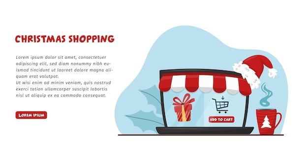 Online christmas shopping concept: laptop screen showing online shop with holiday present.