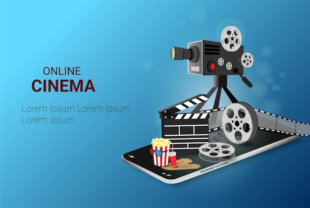 Online cinema art movie poster design with  movie projector and Disc with movie reel filmstrip cinematography concept Online Movie Time Ticket Ordering vector illustration