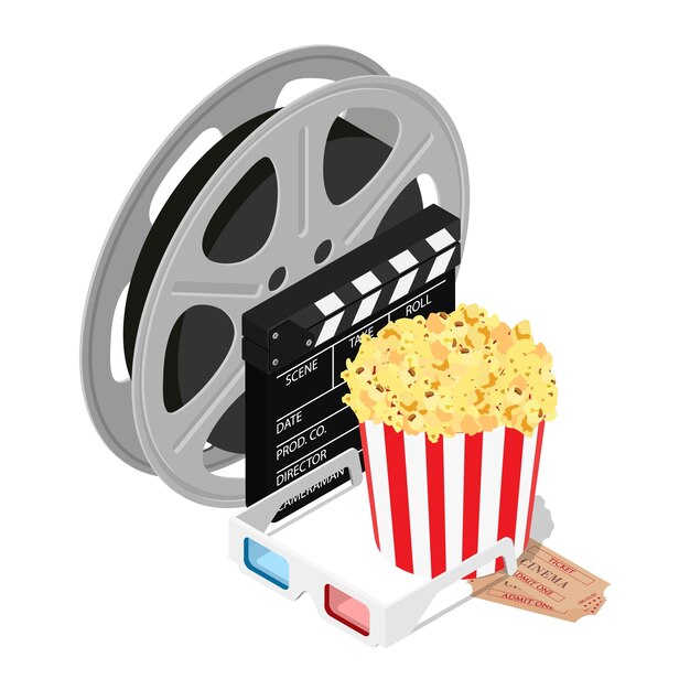 Vector online cinema art movie watching with clapperboard popcorn 3d glasses and filmstrip cinematography concept