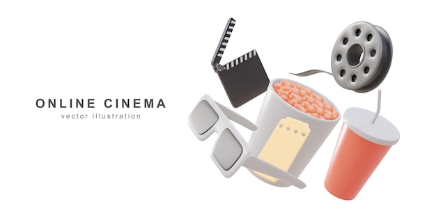 Online cinema art movie watching with popcorn 3d glasses and filmstrip cinematography concept