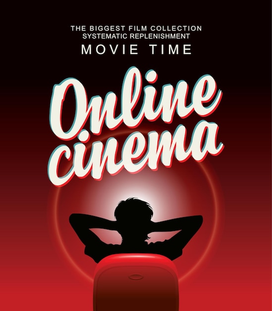 Vettore banner di cinema online con iscrizione e uomo rilassato