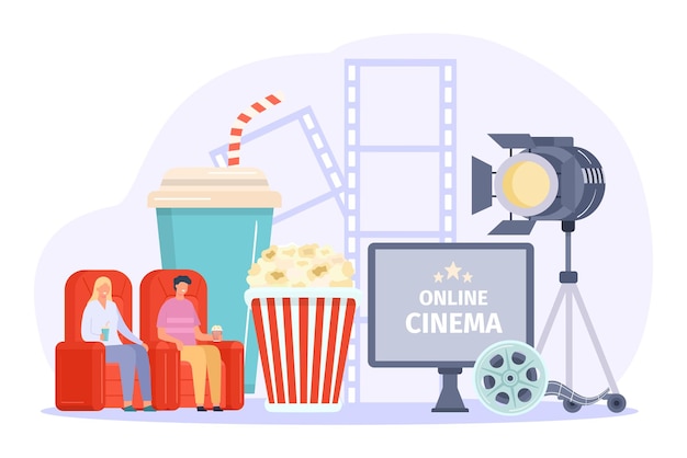 Online cinema concepts watch movie with soda and popcorn at home