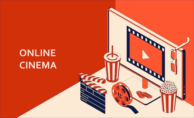 Online cinema isometric concept with computer monitor, popcorn, drink, clapperboard, glasses