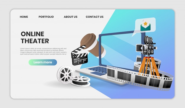 ウェブサイトまたはラップトップ配信サービスのオンラインシネマまたはモバイルアプリケーションのコンセプトマーケティングおよびデジタルマーケティング、ランディングページのヒーロー画像