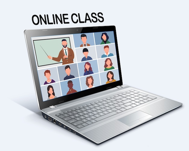 Vector online class. pupils or students studying with computer at home. stay school learn from home via teleconference. video conference call on laptop during coronavirus quarantine. distance education