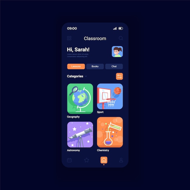 Vector online classes night mode smartphone interface vector template