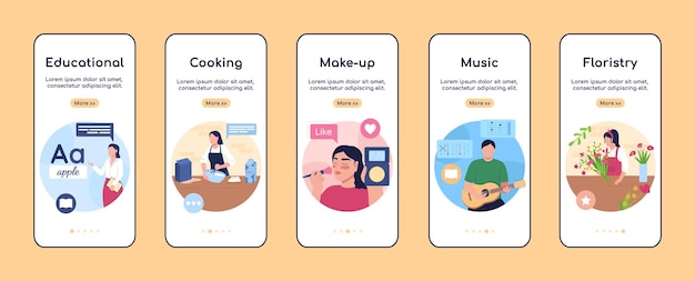 Online classes onboarding mobile app screen flat vector template. internet tutorial. walkthrough website 5 steps with characters. creative ux, ui, gui smartphone cartoon interface, case prints set