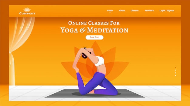 Lezioni online per yoga e meditazione landing page con donna senza volto che fa esercizio nella posa di asana pirai.