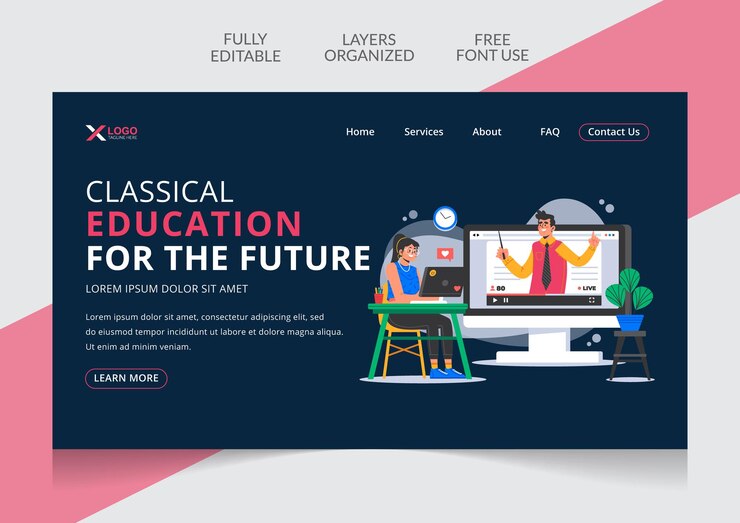 Vector online classical education landing page design editable template