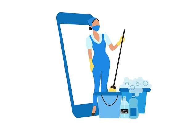 Vector online cleaning house service woman holding mop and supplies bucket cleaning floor