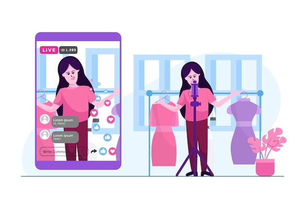 Online clothing selling livestream vlogging flat illustration concept design