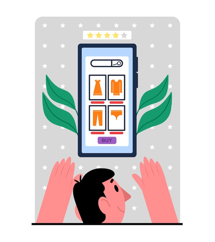 Vector online clothing store with product rating male character chooses clothes in app on his phone finding best model sorting purchases by category comparison of goods on internet
