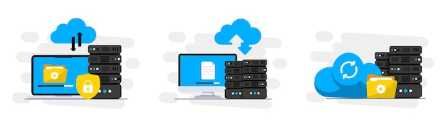 Cloud computing online data center servizio di hosting web database per documenti e file archiviazione su cloud carica e scarica la gestione dei file di dati backup trasferimento dati illustrazione vettoriale
