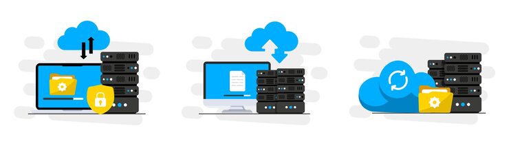 Vector online cloud computing data center web hosting service database for documents and file cloud storage upload and download data file management data transfering backup vector illustration