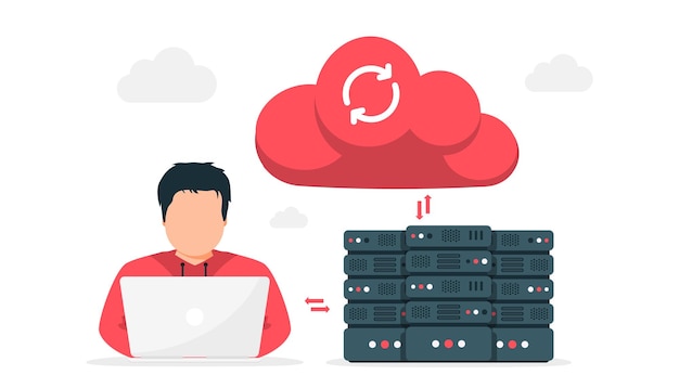 Vector online cloud computing datacenter webhostingservice database voor documenten en bestanden cloudopslag upload en download gegevensbestandsbeheer gegevensoverdracht back-up vectorillustratie