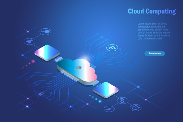 Online cloud computing upload download and transfer files in electronics futuristic background