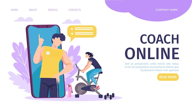 Online coach training landing page template vector illustration smartphone with fitness instructor