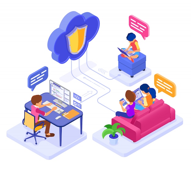 Online collaboration education or distance exam through protected cloud technology. isometric character work internet course e-learning from home. isolated