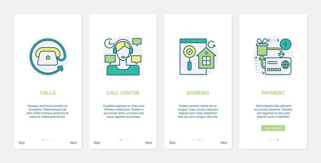 온라인 상거래 콜센터 고객 서비스 UX UI 온 보딩 모바일 앱 페이지 화면 세트