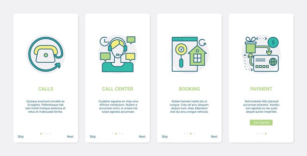Set di schermate della pagina dell'app mobile per l'onboarding dell'interfaccia utente del servizio clienti del call center del commercio online