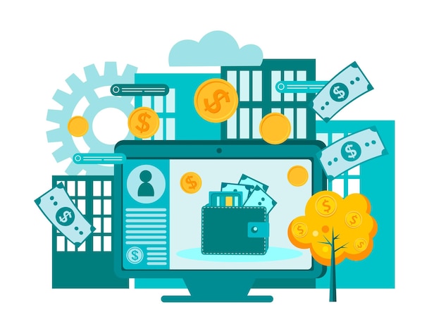 Fatturato di denaro in internet per il commercio online le monete crescono su un albero nella città illustrazione vettoriale del concetto
