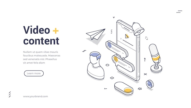 Online communicatie en media-elementen rond een smartphone-interface isometrische lijnkunst webbanner