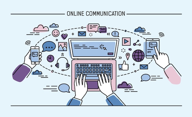 Online communicatie lineart illustratie. gadgets, informatietechnologie, communicatie, messaging, chat, media