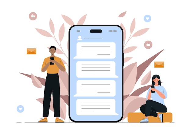 Online communicatieconcept man en vrouw met berichten in de buurt van smartphone interactie in sociale media