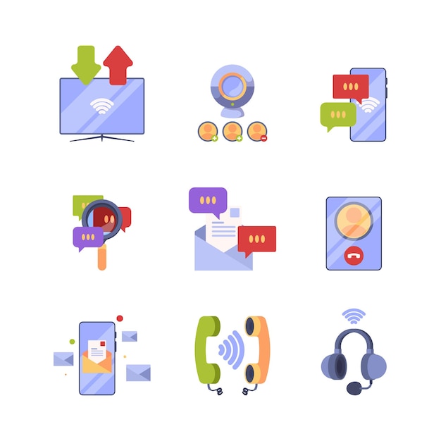 Online communication ads icon set concept pictures of internet dialogue web conversation and banking symbols for app developed garish vector design templates collection