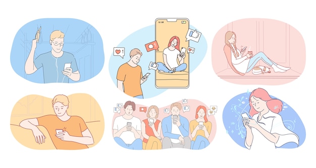 Онлайн-общение и чат на концепции смартфона. герои мультфильмов девочек и мальчиков подростков