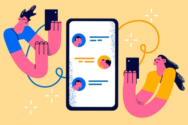 Online communication and chat concept. Two young people man and woman couple cartoon characters holding smartphones screens during online chat vector illustration