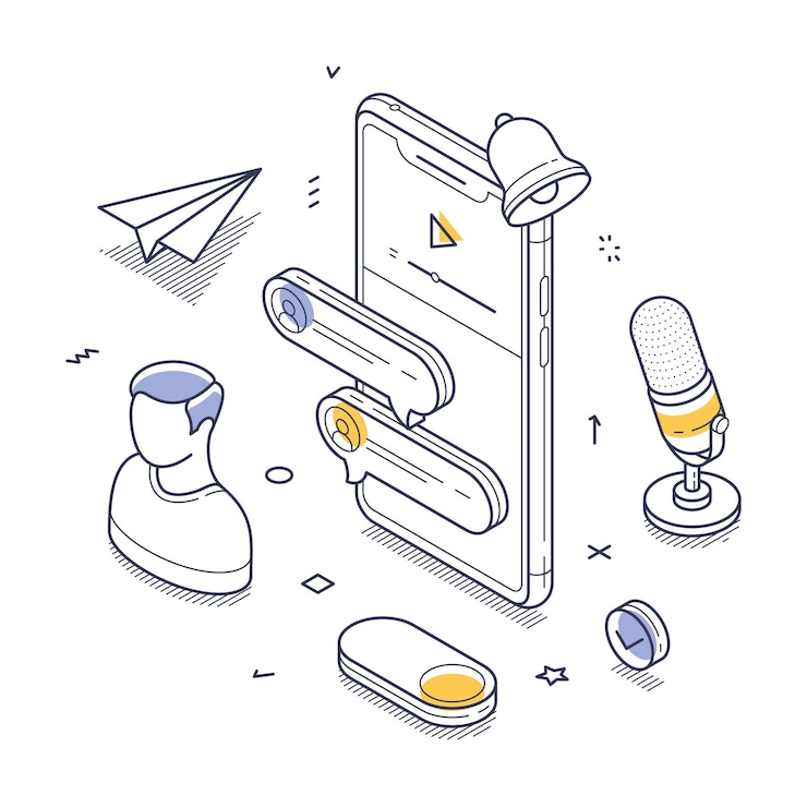 Вектор онлайн-коммуникации и медиа-элементы вокруг интерфейса смартфона изометрическое линейное искусство