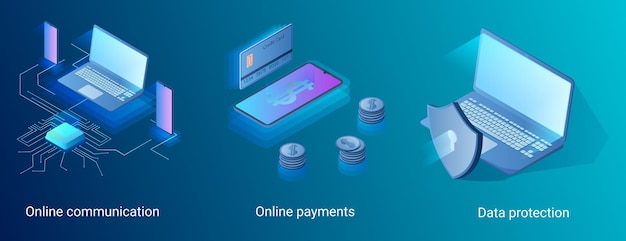 Vector online communication online payments data protection a set of vector illustrations