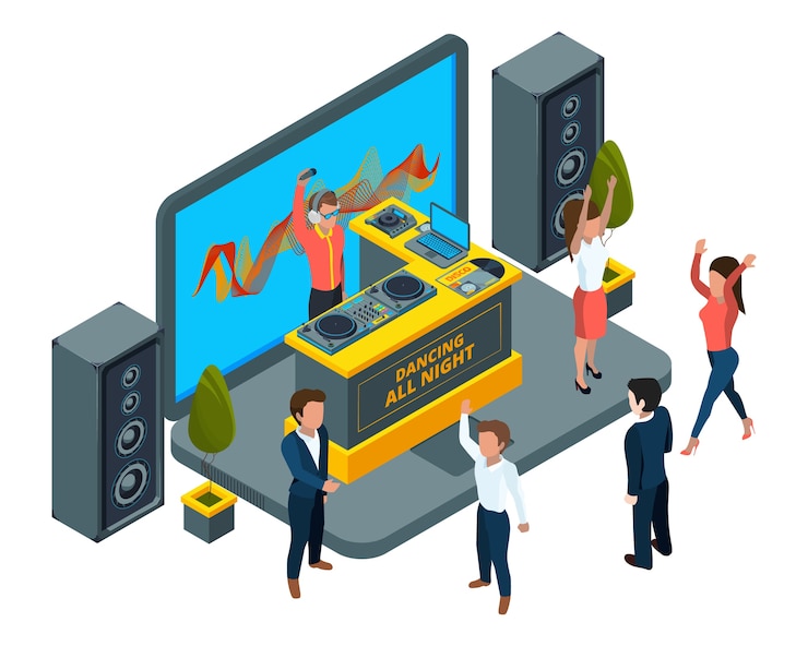 Vector online concert concept. isometric laptop with musical instruments and dj setup illustration. online music on laptop, dj concert