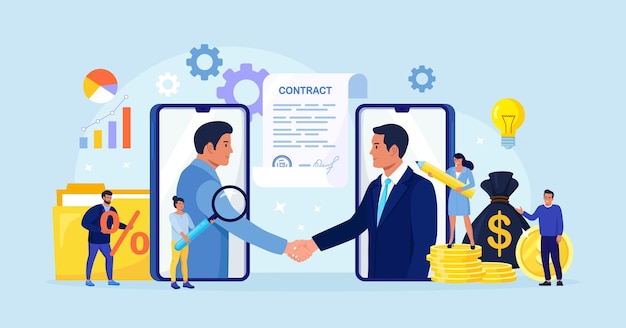 online conclusion of the transaction. businessmen handshake after successful negotiations or signing a contract. online agreement using mobile phone for opening of a new startup