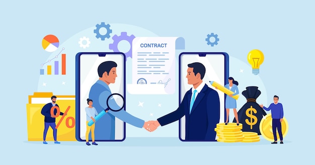 Online conclusion of the transaction. Businessmen handshake after successful negotiations or signing a contract. Online agreement using mobile phone for opening of a new startup