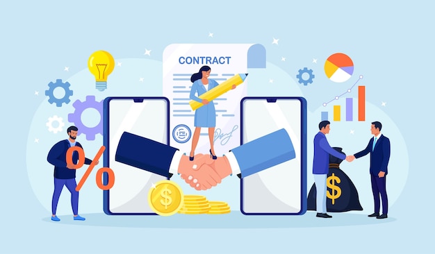 Online conclusion of the transaction. Businessmen handshake after successful negotiations or signing a contract. Online agreement using mobile phone for opening of a new startup