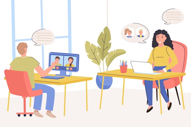 online conference concept man and woman make video calls while sitting at table with computer