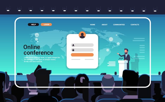 Online conference website landing page template businessman making speech from tribune during virtual meeting