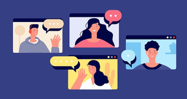 Online conferentie Webteamvergadering kantoor zakelijke computercommunicatie Videogesprek virtueel samenwerken of onderwijs volslagen vectorconcept