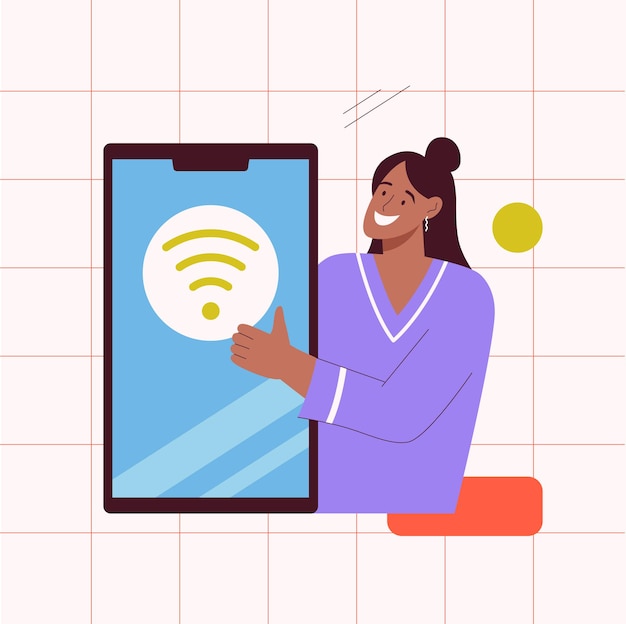 Online connect concept vrouw maakt verbinding met wifi-hotspot