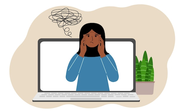 Online consult met een psycholoog Laptop met een moslimvrouw met verwarde gedachten Psychotherapeutische praktijk psychiatrisch consult