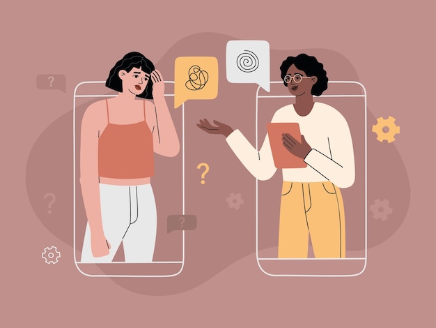 Online consult met psychotherapeut via telefoonconcept, karakter van meisje met depressie en psychische stoornissen. Vrouw heeft een gesprek met psychoanalyticus, hulplijn. illustratie