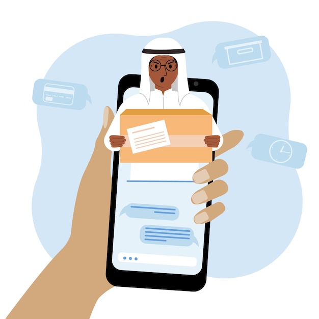 Online consult over de levering van goederen Mobiele telefoon met correspondentie met de bezorgservice Bezorger met een doos