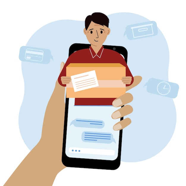 Online consult over de levering van goederen Mobiele telefoon met correspondentie met de bezorgservice Bezorger met een doos
