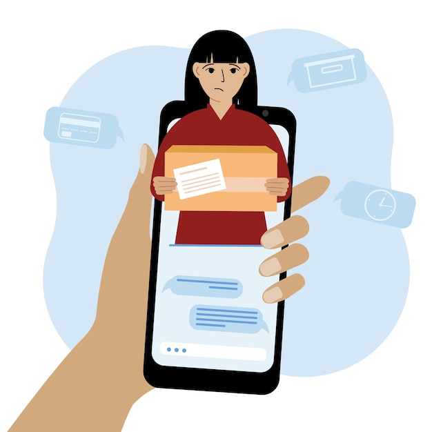 Online consult over de levering van goederen mobiele telefoon met correspondentie met de bezorgservice bezorger met een doos